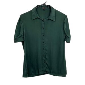 QUINCE Green Silk Short Sleeve Button Up Shirt Top Blouse Women's Size Small
